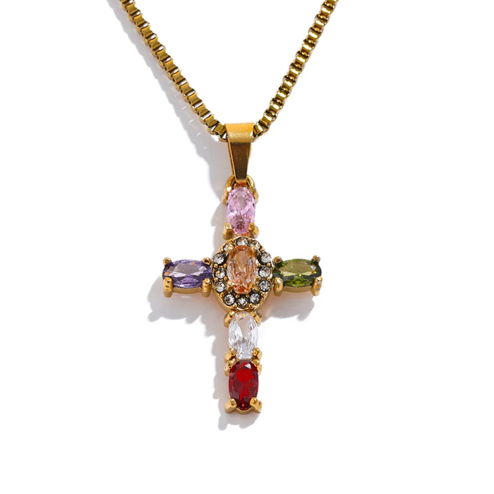 Seraphina Cubic Zirconia Cross Necklace in Camel — Necklaces